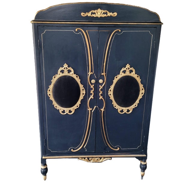 French Custom French Louis XV Style Midnight Blue Armoire With Antique Brass & Velvet Medallions For Sale - Image 3 of 14