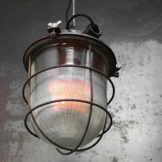 Vintage Industrial Rust Metal Clear Cut Glass Pendant Light For Sale - Image 4 of 6