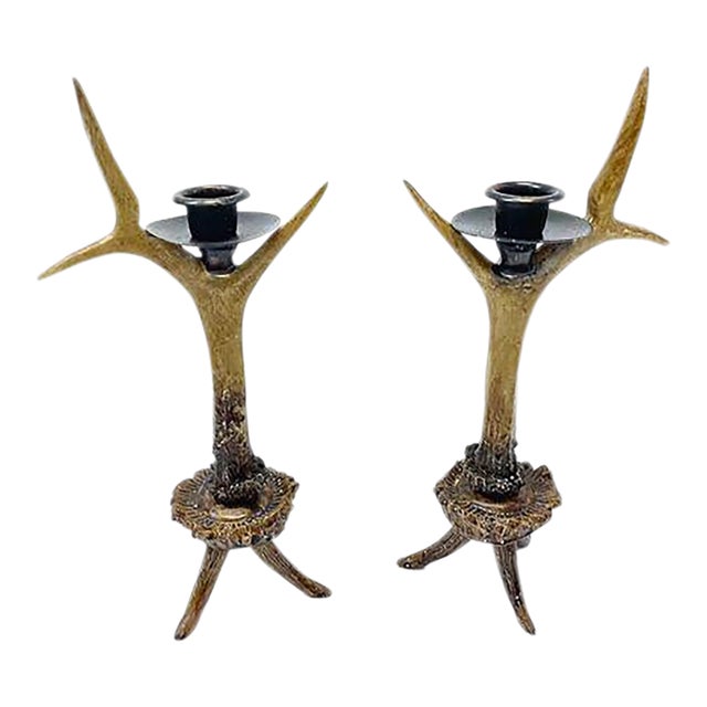 Pair Vintage Composite Faux Antler Candle Holders For Sale