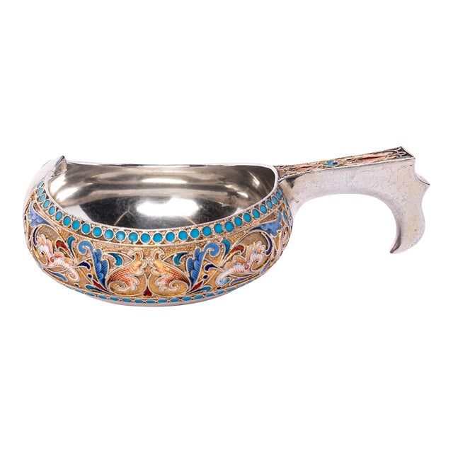Antique Imperial Russian Silver Cloisonne Enamel Kovsh Ovchinnikov Moscow 1896 For Sale