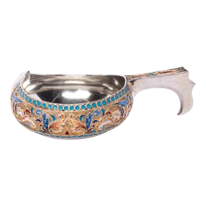 Antique Imperial Russian Silver Cloisonne Enamel Kovsh Ovchinnikov Moscow 1896