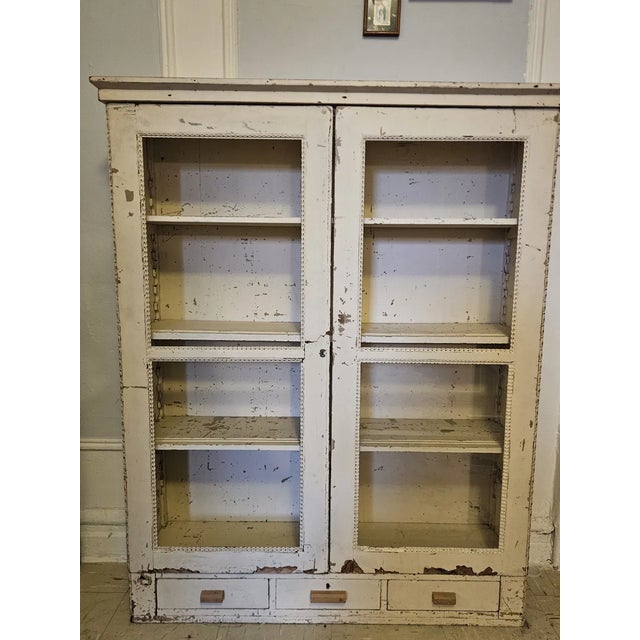 Antique French Hand-Painted Bookcase/Cabinet - Distressed White, Beaded Trim, Double Door For Sale - Image 4 of 8