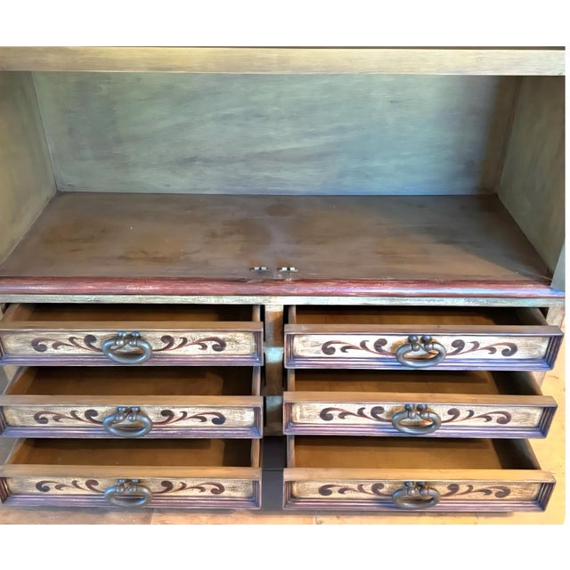 Late 20th Century Vintage Dupuis Mexico Artisan Carved Distressed Pine Hutch & Buffet Cabinet For Sale - Image 5 of 6