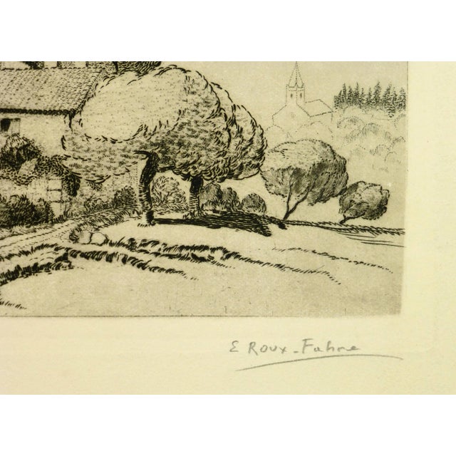 Classic etching of Provence by French artist E. Roux-Fabre, circa 1930. Original artwork on paper displayed on a white mat...