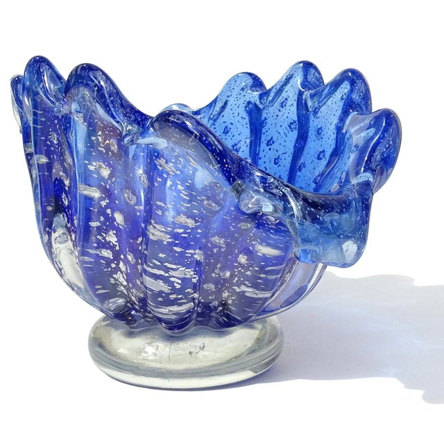 Barovier e Toso Barovier Toso Murano Vintage Cobalt Blue Silver Flecks Italian Art Glass Conch Shell Bowl Vase For Sale - Image 4 of 9