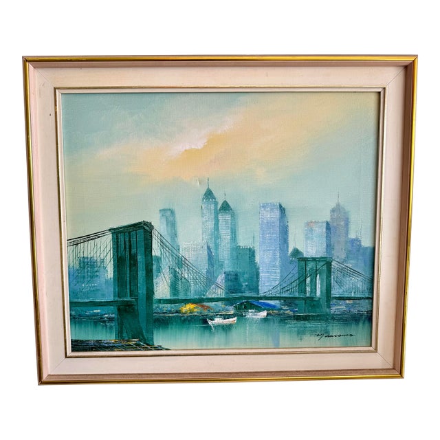 Vintage Midcentury Brooklyn Bridge Cityscape Signed Giacomo For Sale