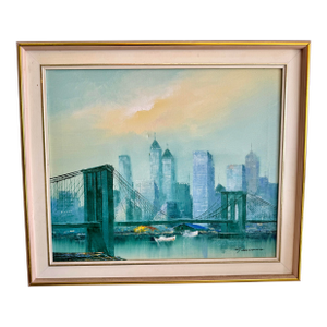 Vintage Midcentury Brooklyn Bridge Cityscape Signed Giacomo