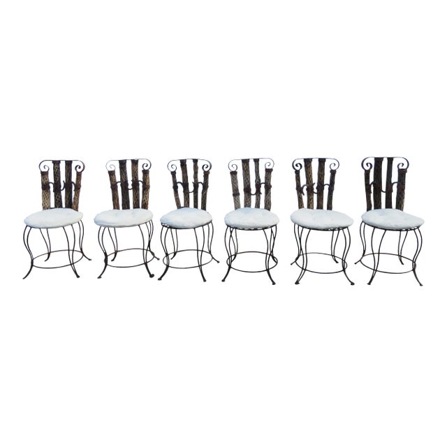 Western Style Set of Six Horse Shoe Metalnd Wood Dining Chairs For Sale
