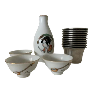 Vintage Sake Set With Ceramic & Metal Cups- 15 Pieces