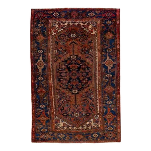 1960s Vintage Persian Hamadan Navy Blue Handmade Medallion Wool Rug