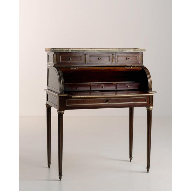 19th Century Louis XVI Cylinder Desk With Marble Top & Brass Accents For Sale - Image 4 of 15