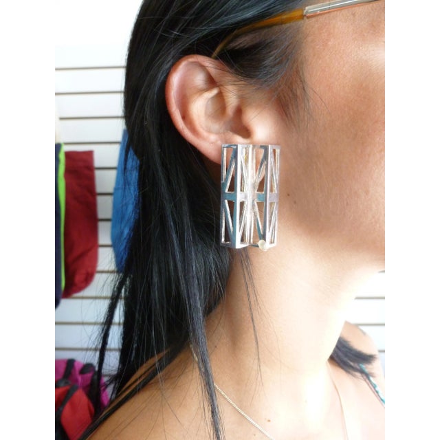 Silver Vintage Claude Montana Silver Plate Geometric Sculptural Runway Clip On Earrings - 2 Pieces For Sale - Image 8 of 10