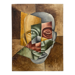 1960s Mid Century Modern George Kosanovic Painting Abstract Cubist Portrait PNW Art