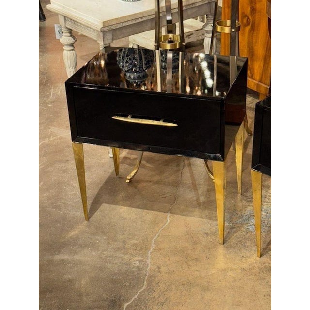 Wood Modern Italian High Gloss Black Lacquered Side Tables With Brass Accents For Sale - Image 7 of 7