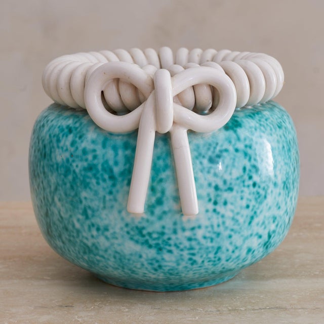 French Turquoise Ceramic Vase with Bow Motif by Gustave Asch, 1940s For Sale - Image 12 of 18