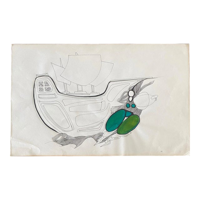 Armando Villagran, Surrealist Latin American Mixed Media - Woman In Green Pants With Ship, 1971 For Sale