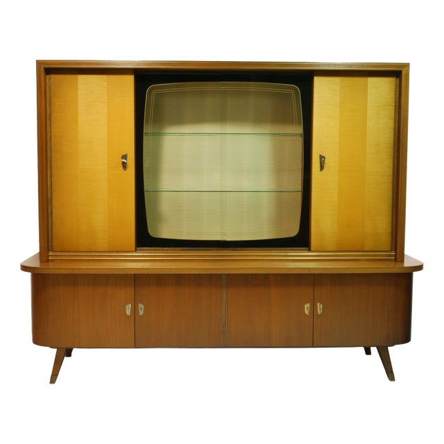 Mid-Century Living Room Display Cabinet with Glass Sliding Doors, Germany, 1960s For Sale