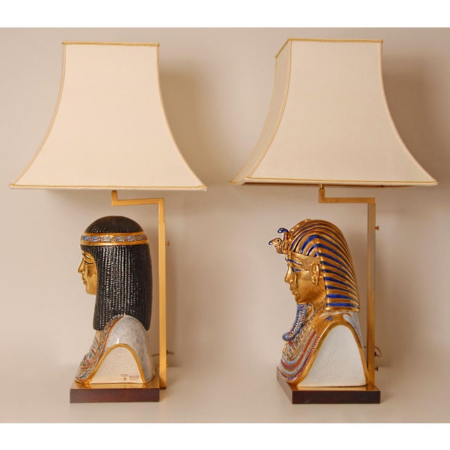 1970s Italian Table Lamps Capodimonte Porcelain King Tut and Cleopatra Gold Lamps - A Pair For Sale - Image 5 of 17