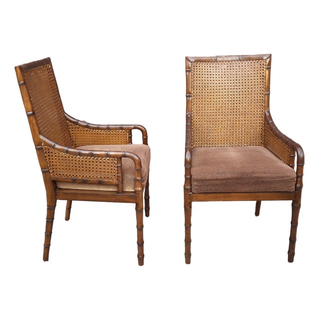 Palecek Hollywood Regency Style Double Cane Upholstered Armchairs For Sale