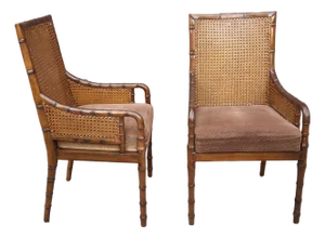 Palecek Hollywood Regency Style Double Cane Upholstered Armchairs