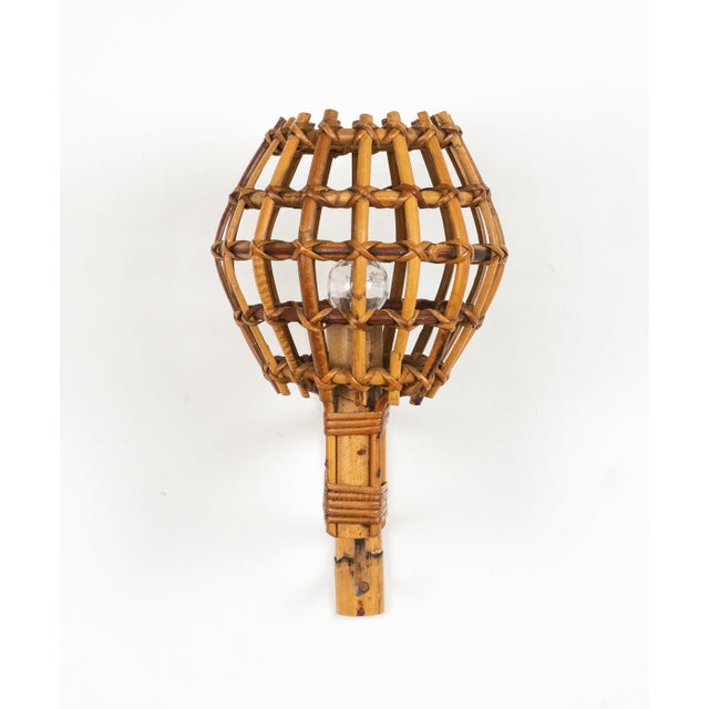 Wood Mid-Century Rattan and Bamboo Wall Sconce in the style of Louis Sognot, 1960s For Sale - Image 7 of 9