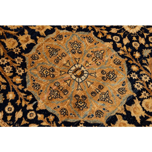Blue Antique Persian Kerman Handmade Allover Floral Blue and Tan Wool Rug For Sale - Image 8 of 10