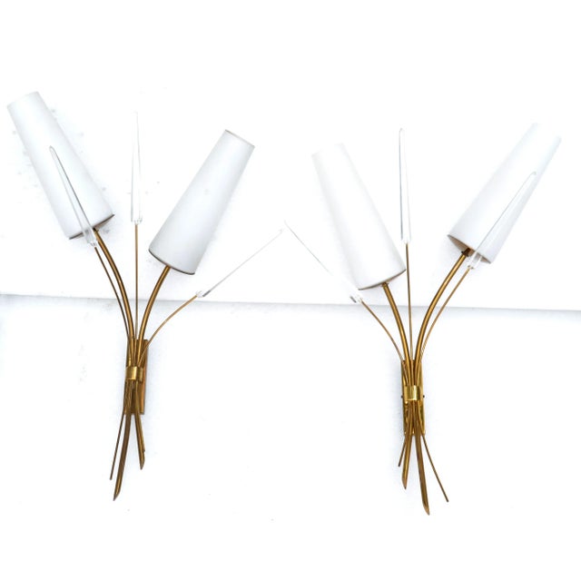 Maison Lunel 2-Light Sconce Faceted Lucite, Brass & Opaline Shade France, Pair For Sale - Image 13 of 13