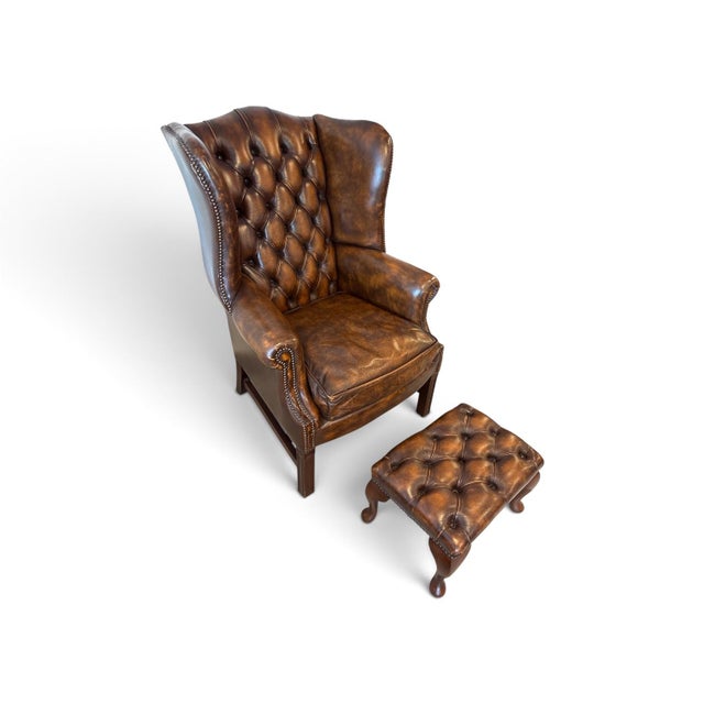 Set of Vintage English Chesterfield Leather Wingback Chair with Ottoman, 1990s For Sale - Image 9 of 9