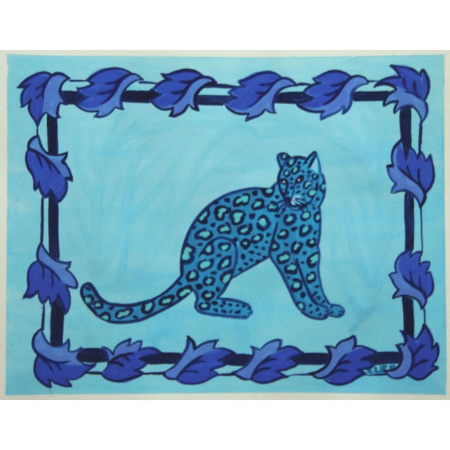 Inspired by French Gothic or Medieval, and Mediterranean borders, this turquoise leopard is presented on a pale sky blue...