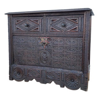 Spanish Renaissance Carved Cabinet with Drop-Front Door and Two Drawers, 1880s For Sale