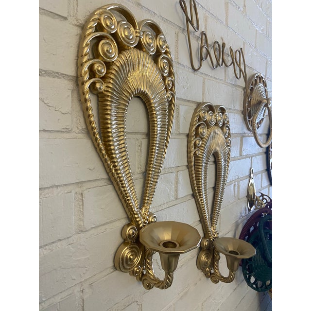 2 VTG Egyptian Inspired Ornate Faux Wicker & Rattan Scrolled Homco Candle Holders Set, Wall Hanging Decorative Candle Votives Gilded Gold Wall Sconces For Sale - Image 4 of 11