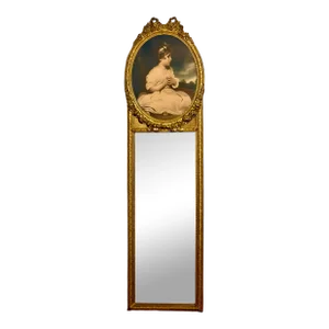 19th Century French Louis XVI Narrow Giltwood Trumeau Mirror With Lithograph of Girl
