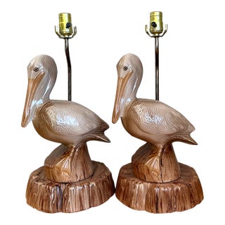 Vintage Glazed Ceramic Pelican Lamps - A Pair For Sale