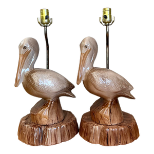 Vintage Glazed Ceramic Pelican Lamps - A Pair