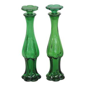Avon Emerald Green Glass Flower Stoper Empty Perfume Bottles a Pair