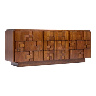 Lane Staccato Brutalist Mid Century Walnut Lowboy Dresser For Sale