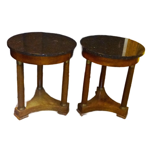 Antique French Empire Walnut and Marble Side or Gueridon Tables - A Pair For Sale