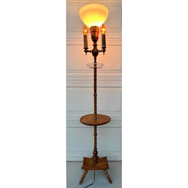 Authentic Antique Maple Floor Lamp with Built-In Table & Glass Gallery Tray (61") American Torchiere floor lamp with...