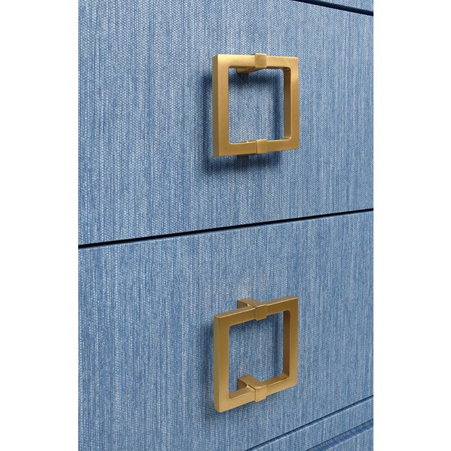 Metal Matthew Izzo Home Cole Light Blue Dyed Grasscloth Two Drawer Side Table/Nightstand With Glass Top and Large Satin Brass Square Hardware For Sale - Image 7 of 10