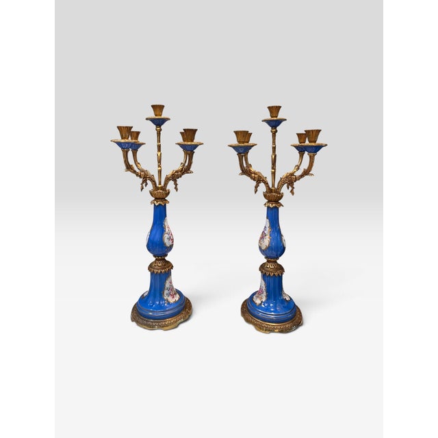 Pair of Vintage French Hand-Painted Cobalt Blue Porcelain & Gilt Metal Five-Light Candelabra For Sale - Image 4 of 10