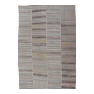Vintage Turkish Kilim Rug in Soft Beige, Gray, and Faded Blue Striped 8'6 X 13'0 For Sale