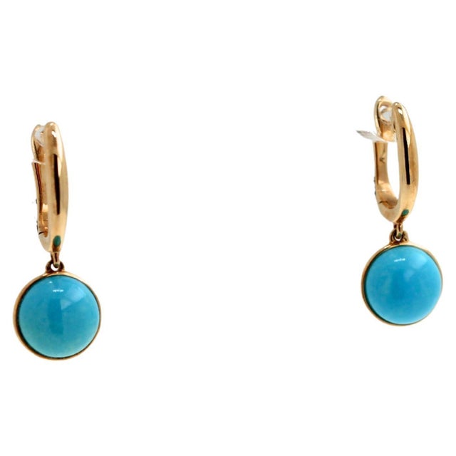 Blue Turquoise Round Cabochon Yellow Gold Huggie Drop Statement Dainty Earrings, A Pair For Sale In Washington DC - Image 6 of 10