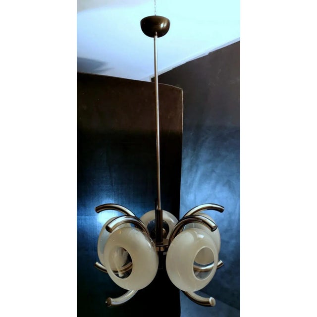 Late 20th Century Goffredo Reggiani Style Italian Opaline Glass and Steel Chandelier For Sale - Image 5 of 13
