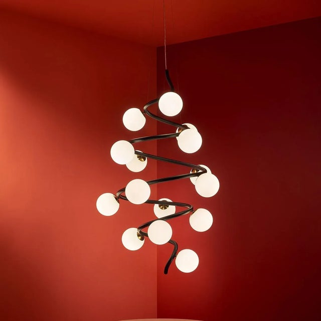 Satin Black With Brushed Brass and Matt Opal Glass Custom Helix Ceiling Light For Sale In Philadelphia - Image 6 of 6