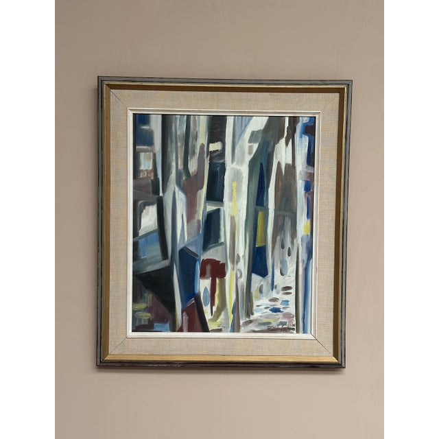 Original Mid Century Swedish Oil on Canvas – “Abstract Alley” by Kurt Persson – Framed 62 × 71 cm (24.4" × 28") A dynamic...