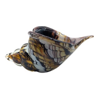 Vintage MCM Murano Style Blown Cased Glass Tiger Striped Conch Shell Figurine For Sale
