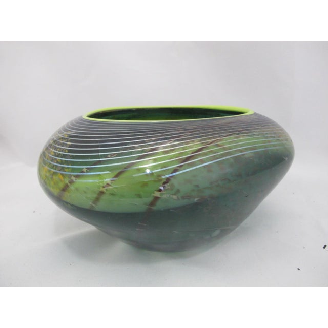 Glass Suzanne Kindland Handblown Icefire Studio Art Glass Green Blue Bowl Vase For Sale - Image 7 of 10