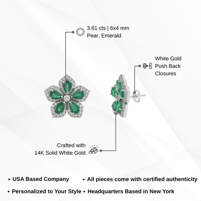 Floral Art Deco 3.1ct Emerald Diamond Cluster Gemstone Earrings in 14k Yellow Gold- A Pair For Sale - Image 12 of 16