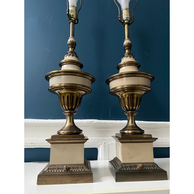 Vintage Stiffel Enameled Brass Table Lamps With Scalloped Shades — Elegant Neoclassical Form - a Pair For Sale - Image 18 of 18