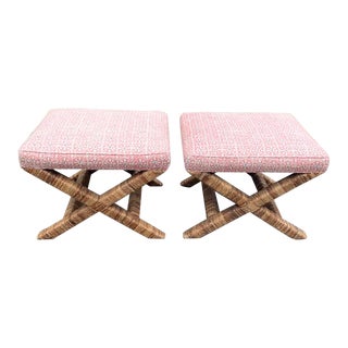 Rattan Wrapped X Benches With Quadrille Fabric - a Pair For Sale